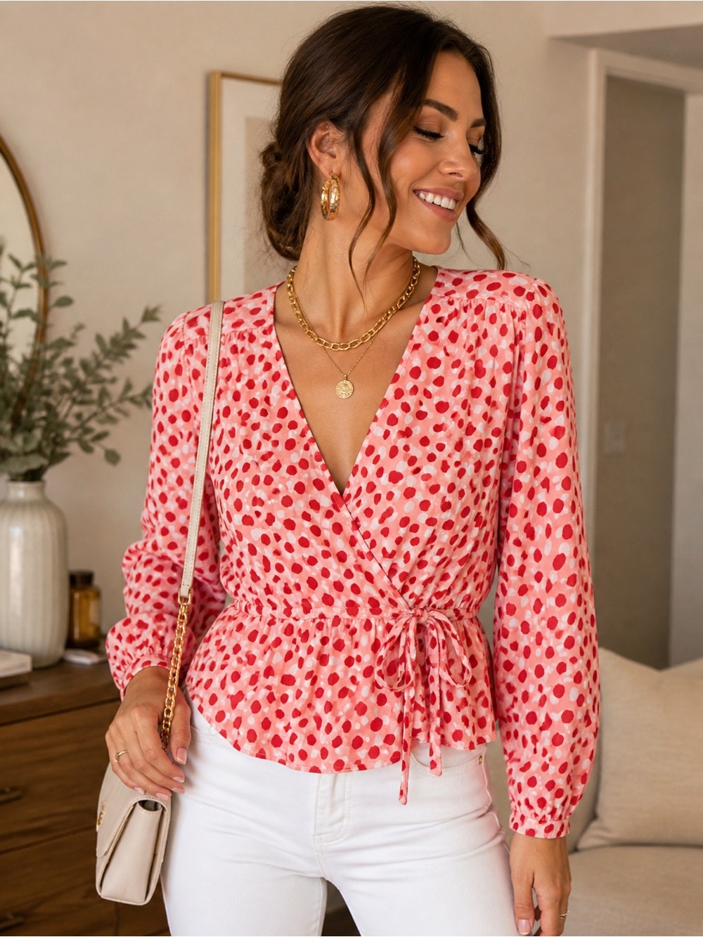Feminine Pink Red‎ Wrap Tie Front Peplum Blouse XL | Brunch Date Vibes